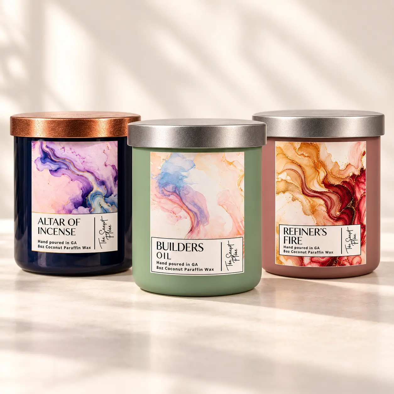 The Secret Place candles: Altar Of Incense, Builders Oil and Refiners Fire